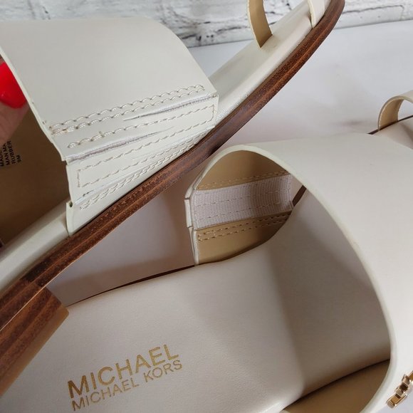 MICHAEL KORS 'AUGUST' LEATHER TOE-RING SLIP-ON SLIDE SANDALS IVORY TUSK 9 - Picture 7 of 16